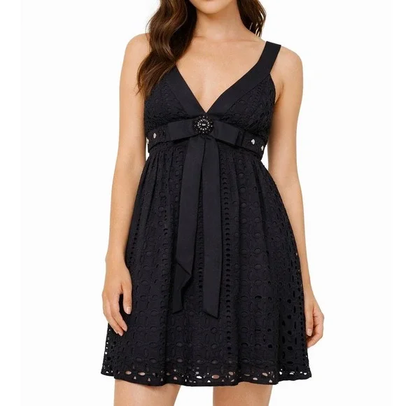 Forever 21 Black Eyelet Cotton Mini Dress V-Neck Bow Jewel Empire Waist Small - Picture 2 of 4